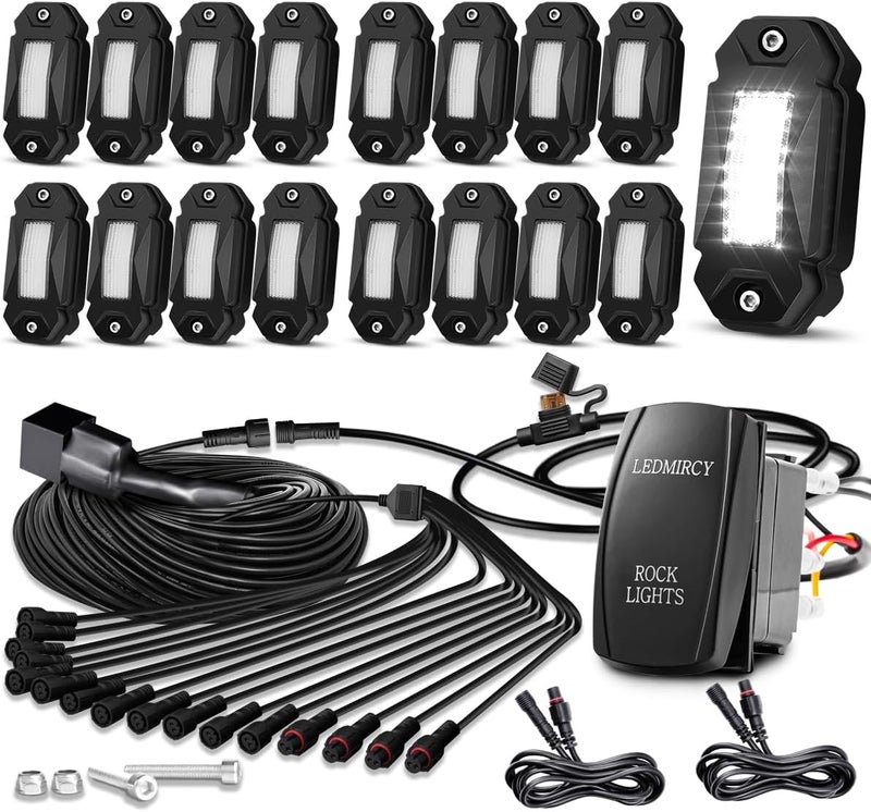 LEDMIRCY R2 Pure White Rock Lights Kit with Rocker Switch Wire Harness 16PCS Rock Lights White for Offroad Trucks ATV UTV SUV Underglow Light Trail Rig Light Under Body High Power Waterproof - Image 1